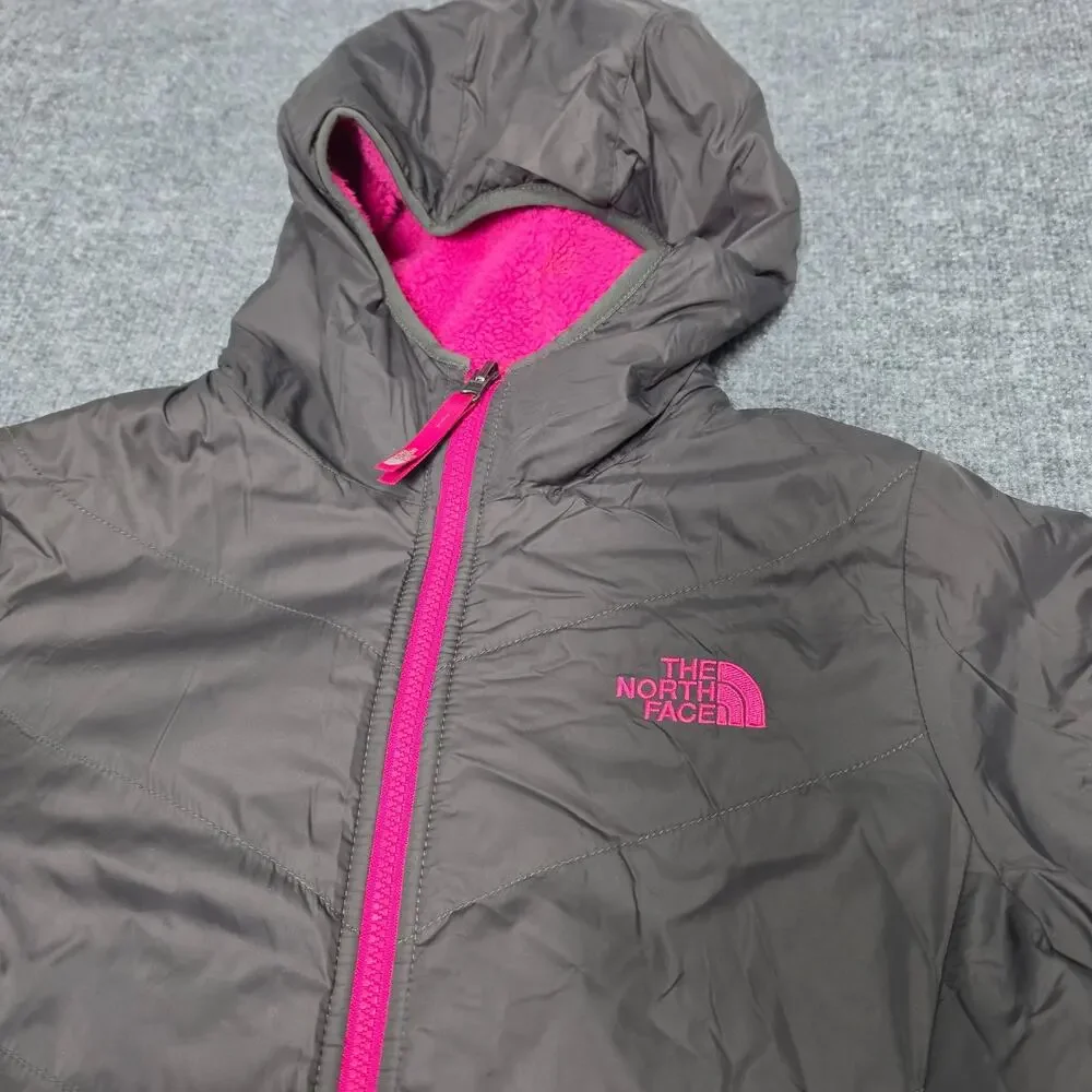The North Face Girls XL Reversible Fleece Lined Hooded Jacket Pink Charcoal